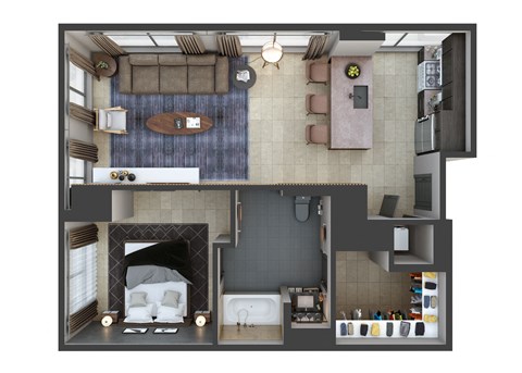 Floor plan for 1 bed, 1 bath, 800 sqft
